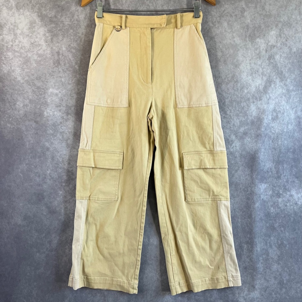 FRNCH Paris Cargo Pants Women XS Tan Colorblock High Waist Wide Leg F12465
